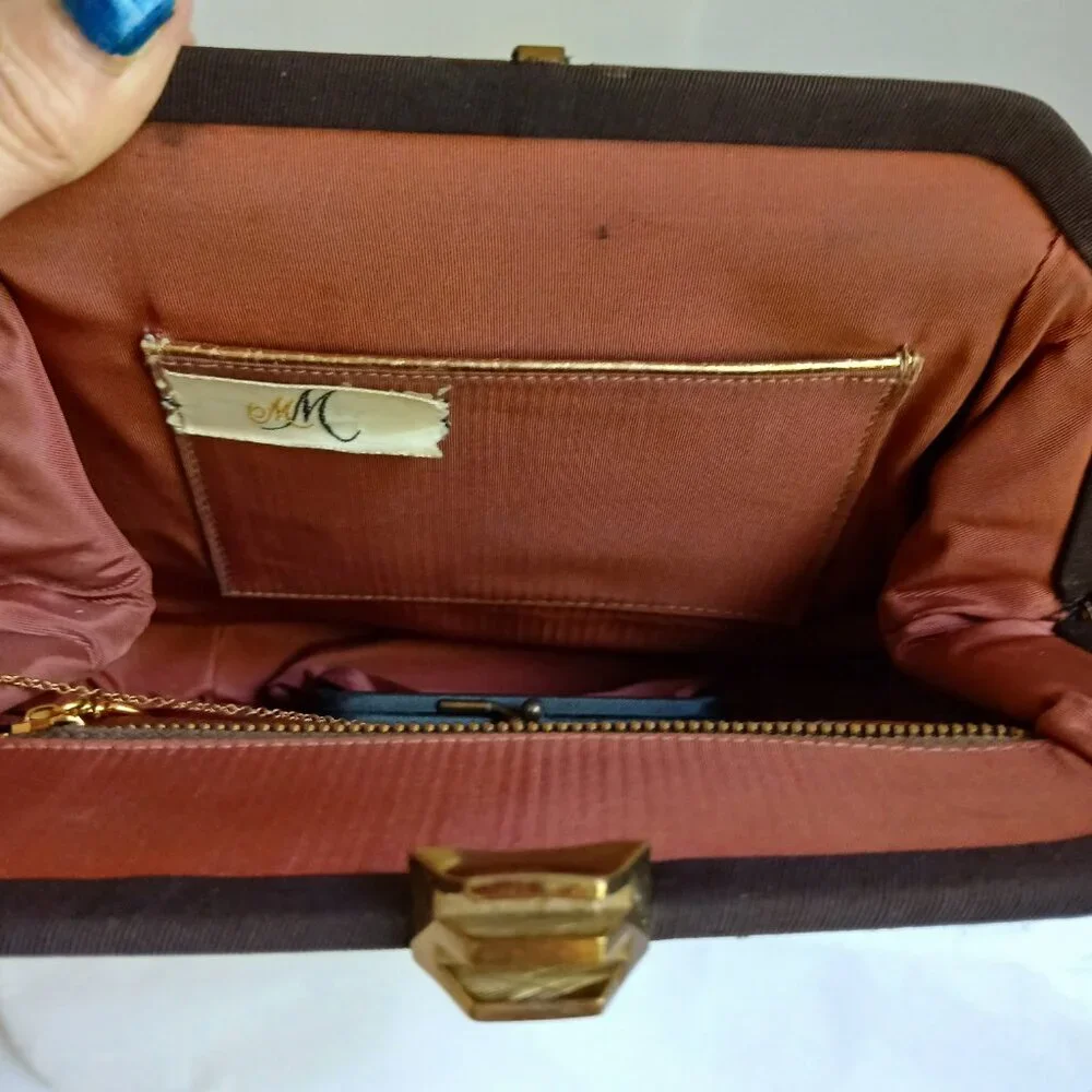 Vintage Brown Grosgrain Gold Art Deco Clasp Handbag with Cute Attached Purse
